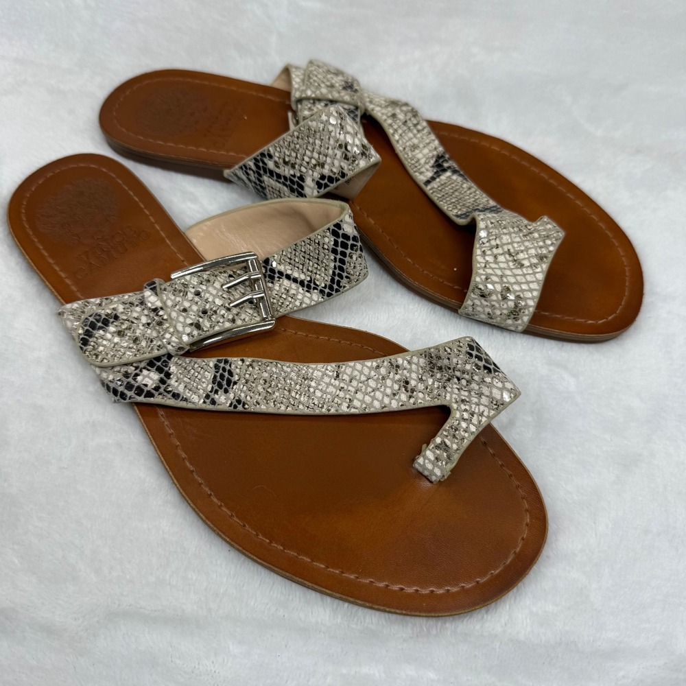 Vince Camuto VP-TADD Snakeskin Print Leather Thong Sandals Tan Cream Womens 7M